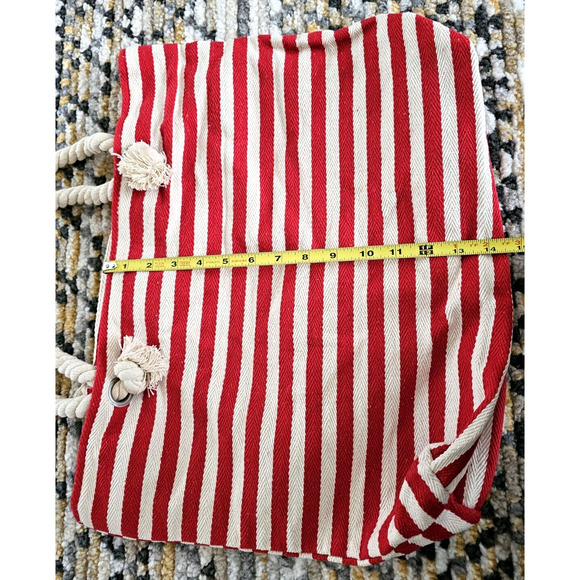 Weekender Beach Red Cream Striped Tote Bag Rope Handle 19in x 14.5in Nautical - Picture 9 of 10